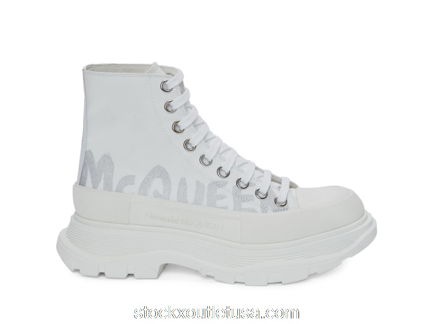 Outlet Alexander McQueen Tread Slick Boot Graffiti White Silver (W) 676718W4RQ29071