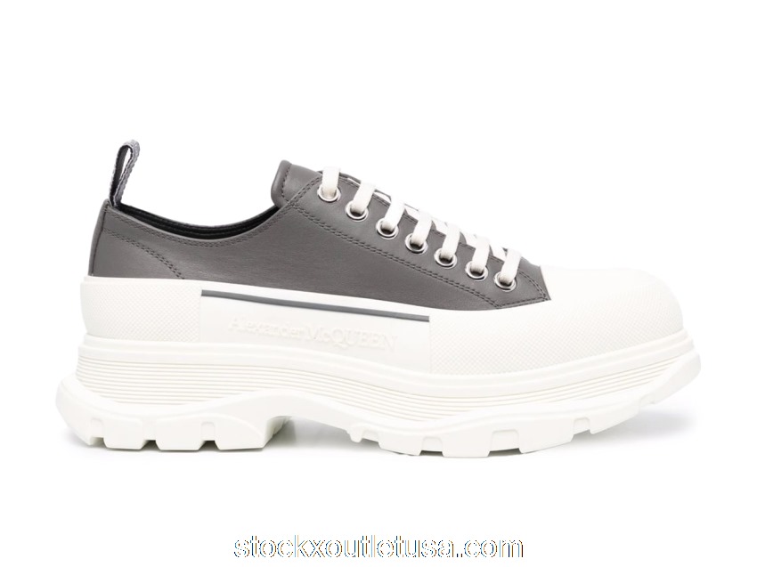 Outlet Alexander McQueen Tread Slick Low Lace Up Leather Grey White 627225WIAG6