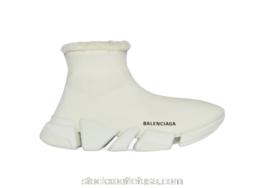 Outlet Balenciaga Speed 2.0 Recycled Knit Fake Fur Beige (W) 669789W2DI39015