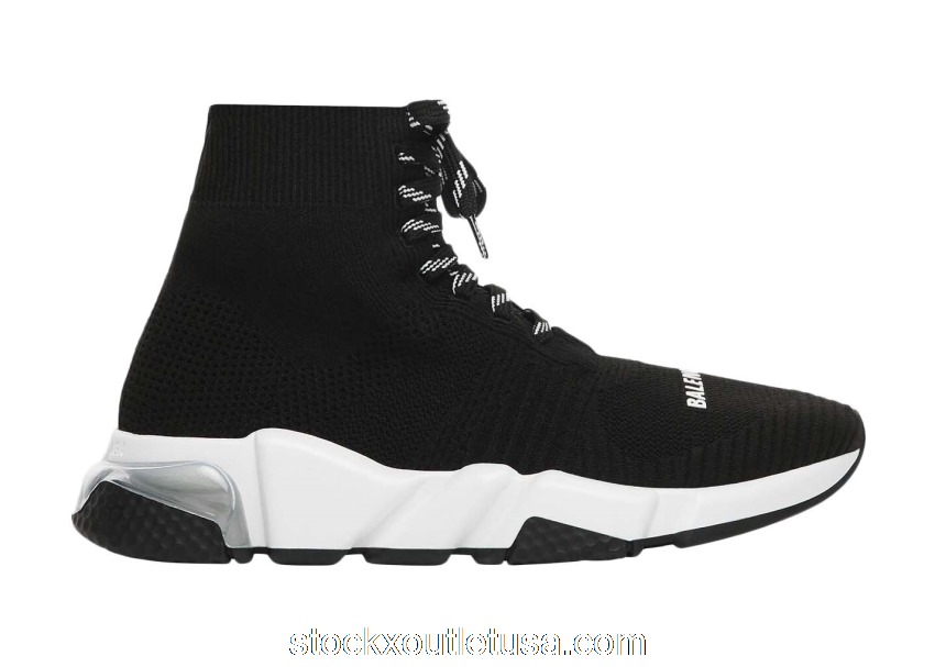 Outlet Balenciaga Speed Lace Up Clear Sole Black White (W) 617217W2DB61010