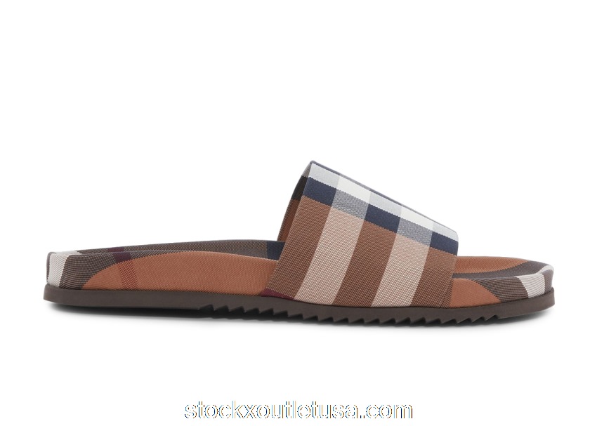 Outlet Burberry Check Cotton Slides Birch Brown 8049018