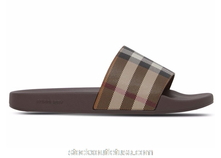 Outlet Burberry Check Print Slides Dark Birch Brown 8048195