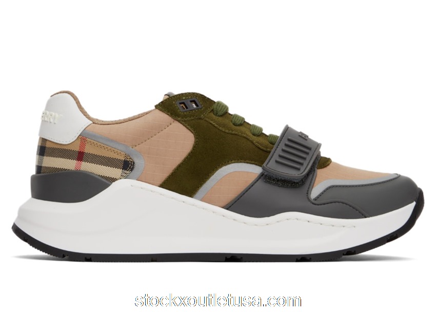 Outlet Burberry Ramsey Check & Leather Flint Grey Soft Fawn