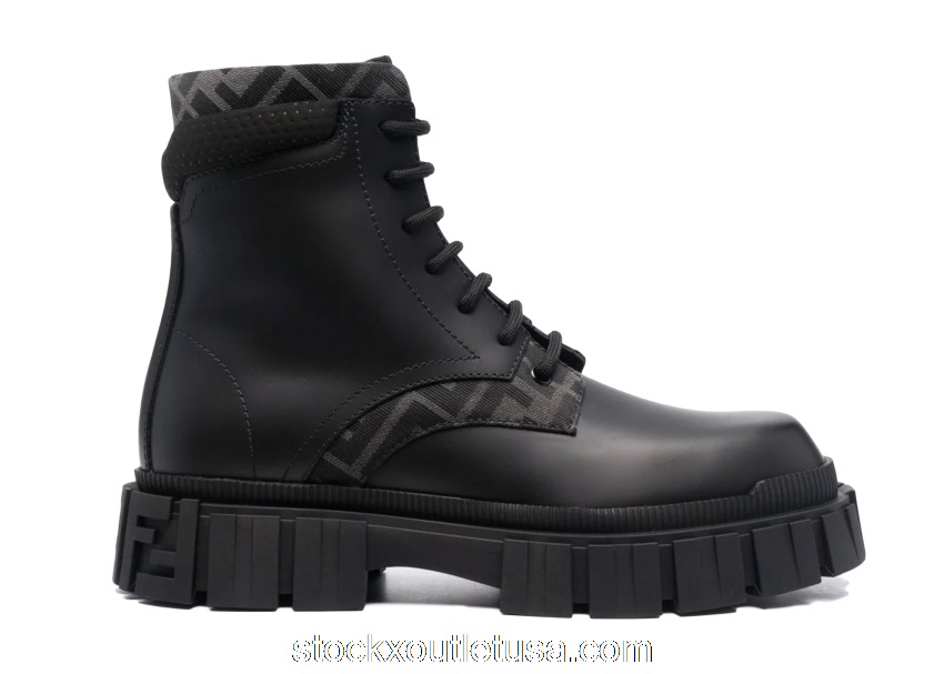 Outlet Fendi Monogram Pattern Lace Up Boots Black FEN221FBS00101BCK