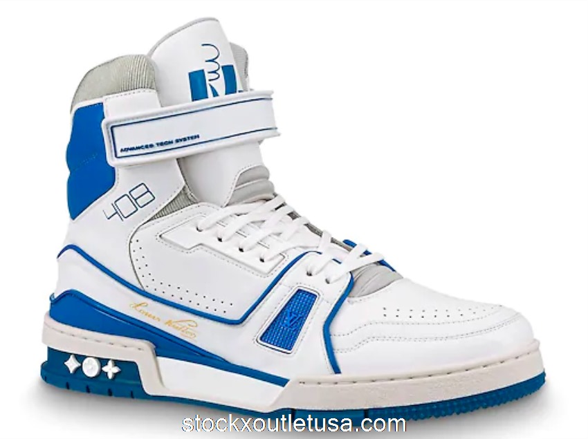 Outlet Louis Vuitton LV Trainer Sneaker Boot High White Blue 1A54JA