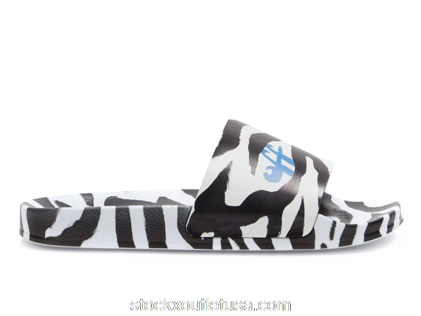 Outlet OFF-WHITE Pool Slides Zebra Print Black White Blue (W) OWIC004S22MAT0011001