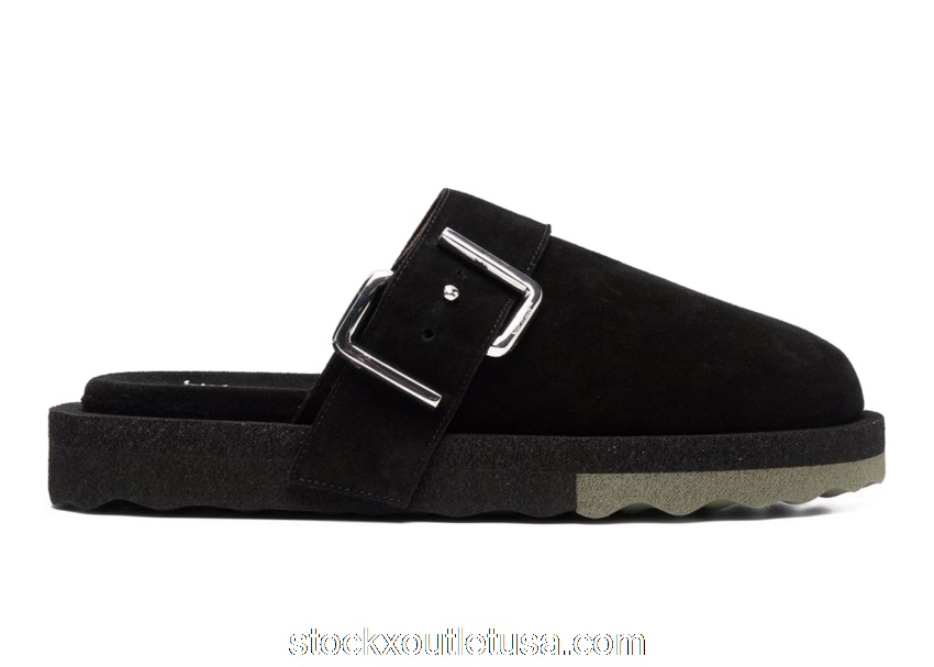 Outlet OFF-WHITE Sponge Buckle Slippers Black Khaki OMIC003S22LEA0011063